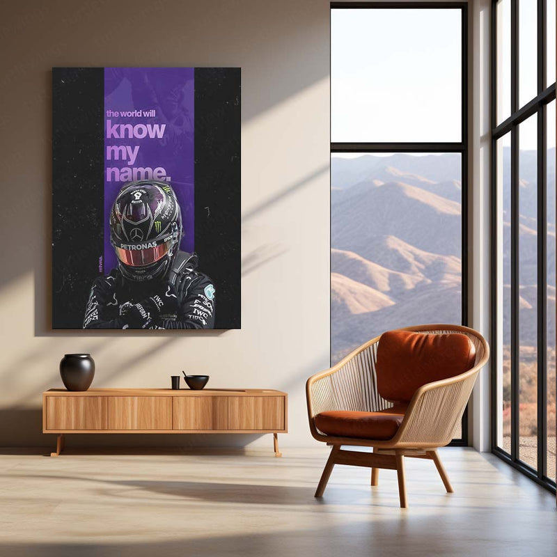 Quote Metal Poster | Lewis Hamilton – The World Will Know My Name Metal Frame Legacy Mindset & Relentless Drive Quote Wall Art | Formula 1 Iconic Motivation Metal Poster