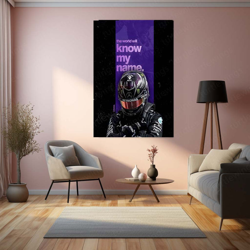 Quote Metal Poster | Lewis Hamilton – The World Will Know My Name Metal Frame Legacy Mindset & Relentless Drive Quote Wall Art | Formula 1 Iconic Motivation Metal Poster