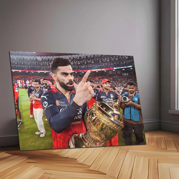 Cricket Metal Poster |🏆 RCB Wins IPL Trophy 2025 – Champion Celebration Metal Poster | Virat Kohli Led Victory Wall Art 04