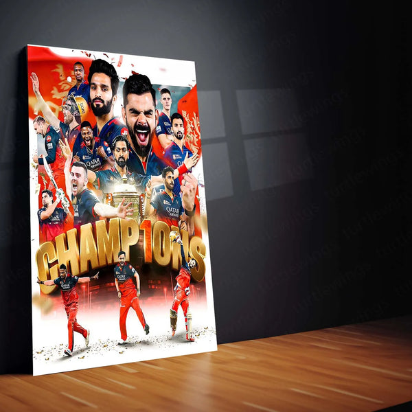 Cricket Metal Poster |🏆 RCB Wins IPL Trophy 2025 – Champion Celebration Metal Poster | Virat Kohli Led Victory Wall Art 10