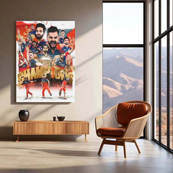 Cricket Metal Poster |🏆 RCB Wins IPL Trophy 2025 – Champion Celebration Metal Poster | Virat Kohli Led Victory Wall Art 10