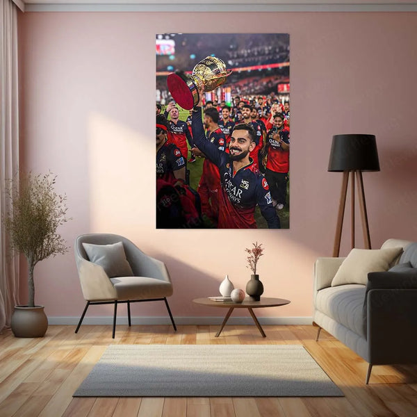 Cricket Metal Poster |🔥 Virat Kohli RCB Wins IPL Trophy 2025 – Historic Victory Metal Poster | Champion’s Wall Art 02