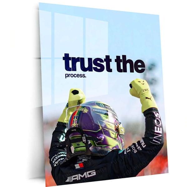 Quote Metal Poster | Lewis Hamilton – Trust the Process Metal Frame Patience, Consistency & Championship Mindset Wall Art | Elite Focus Quote Metal Poster