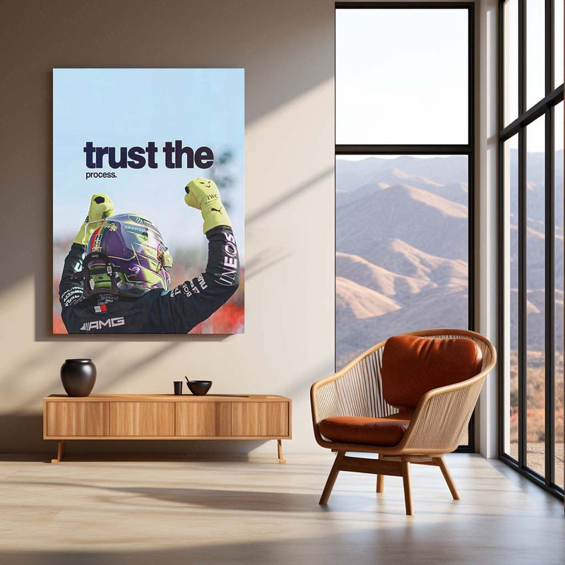 Quote Metal Poster | Lewis Hamilton – Trust the Process Metal Frame Patience, Consistency & Championship Mindset Wall Art | Elite Focus Quote Metal Poster