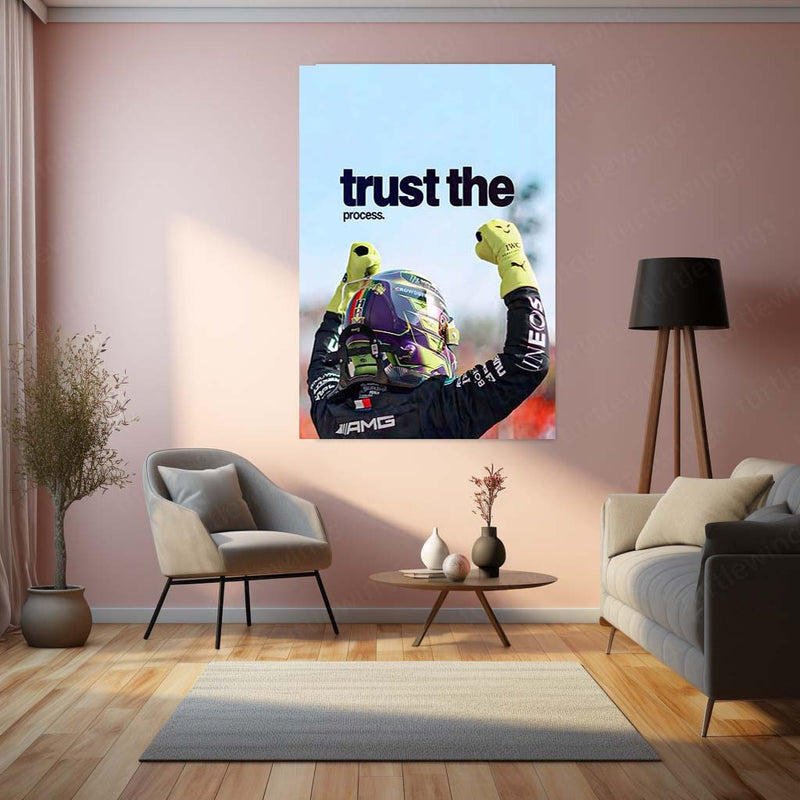 Quote Metal Poster | Lewis Hamilton – Trust the Process Metal Frame Patience, Consistency & Championship Mindset Wall Art | Elite Focus Quote Metal Poster