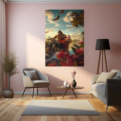 Spiritual Metal Poster |Lord Hanuman & Lord Ganesha on Bike Metal Poster | Funky Devotional Wall Art | Desi Divine Duo Decor - TURTLEWINGS 