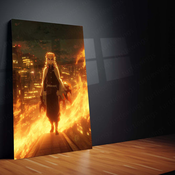 Rengoku Kyojuro Metal Frame – Demon Slayer Poster | Flame Hashira Standing on Mugen Train | Heroic Anime Wall Art for Kimetsu no Yaiba Fans - TURTLEWINGS 