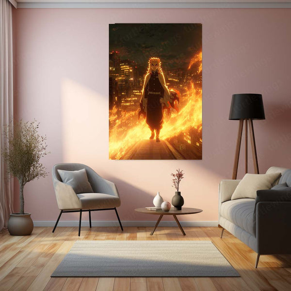 Rengoku Kyojuro Metal Frame – Demon Slayer Poster | Flame Hashira Standing on Mugen Train | Heroic Anime Wall Art for Kimetsu no Yaiba Fans - TURTLEWINGS 