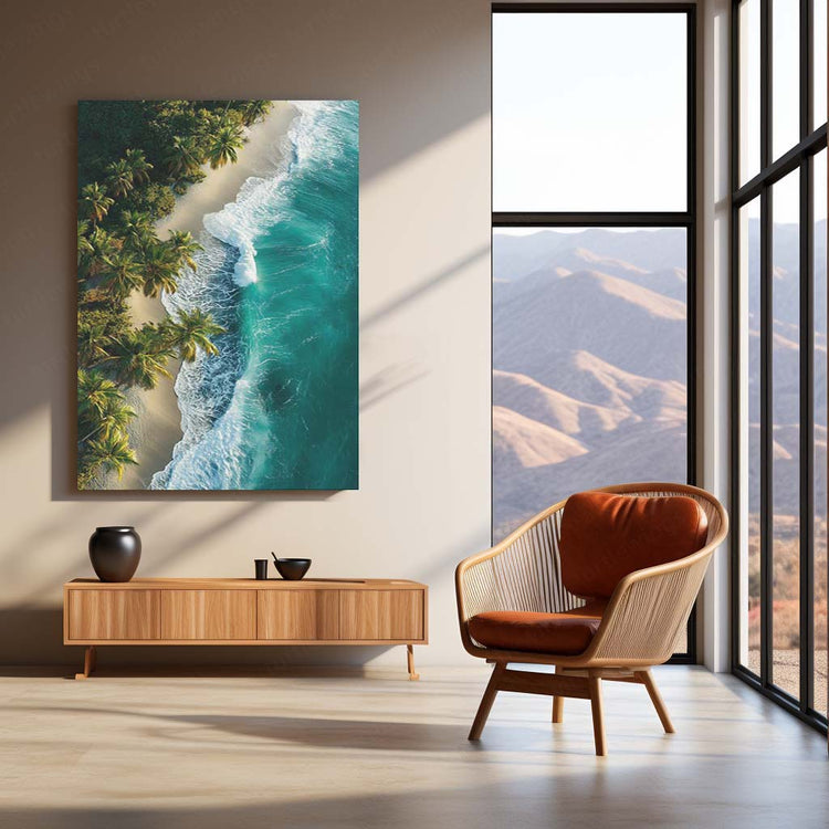 Nature with Beach Metal Poster | Tranquil Coastal Wall Art | Ocean & Palm Tree Decor