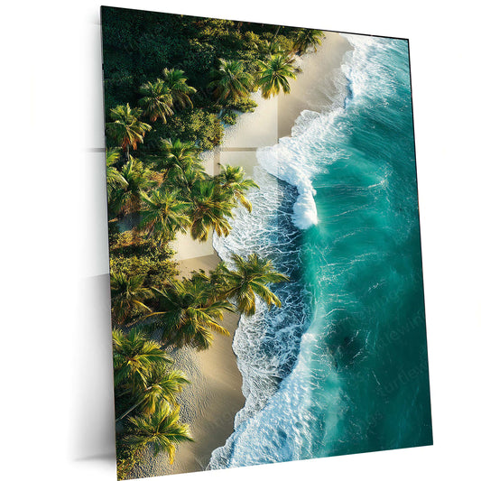 Nature with Beach Metal Poster | Tranquil Coastal Wall Art | Ocean & Palm Tree Decor
