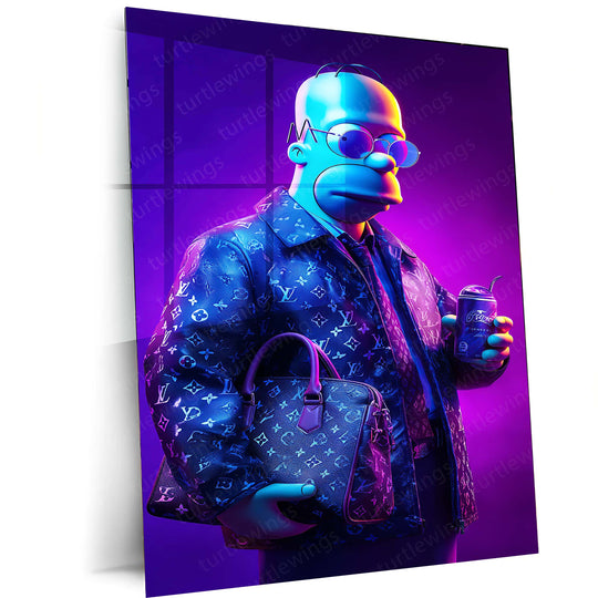 Homer Simpson in Louis Vuitton Metal Poster | Purple Drip Pop Art Wall Decor | Streetwear Meets Cartoon