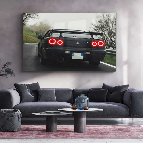 LED | 🏁 Nissan Skyline GT-R R34 Neon LED Metal Poster | JDM Legend Wall Art | Street Racer Glow Decor 01