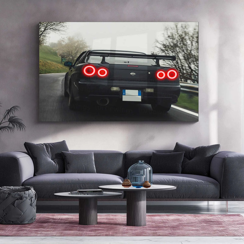 LED | 🏁 Nissan Skyline GT-R R34 Neon LED Metal Poster | JDM Legend Wall Art | Street Racer Glow Decor 01
