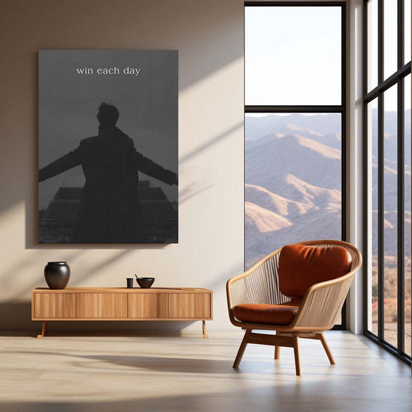 Quote Metal Poster | Win Each Day Motivational Metal Poster | Daily Success & Positive Mindset Wall Art | Black & White Metal