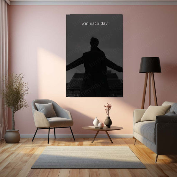 Quote Metal Poster | Win Each Day Motivational Metal Poster | Daily Success & Positive Mindset Wall Art | Black & White Metal