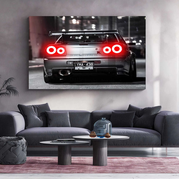 LED | 🏁 Nissan Skyline GT-R R34 Neon LED Metal Poster | JDM Legend Wall Art | Street Racer Glow Decor 02
