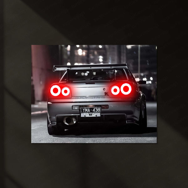 LED | 🏁 Nissan Skyline GT-R R34 Neon LED Metal Poster | JDM Legend Wall Art | Street Racer Glow Decor 02