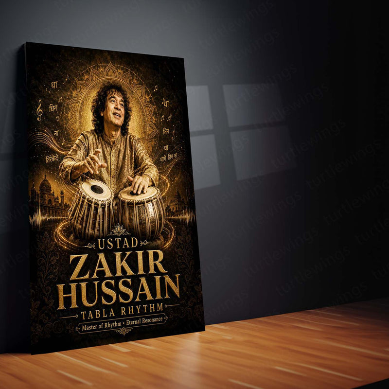 Ustad Zakir Hussain – Tabla Rhythm | Indian Classical Music Legend Metal Frame Wall Art by TurtleWings